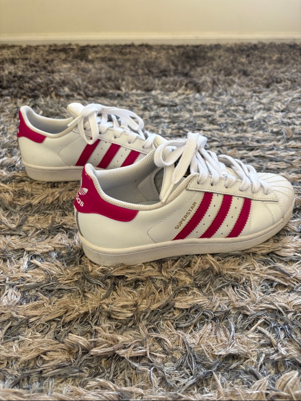 Adidas Superstar White Sneakers with Pink Stripes Fit Women’s 6